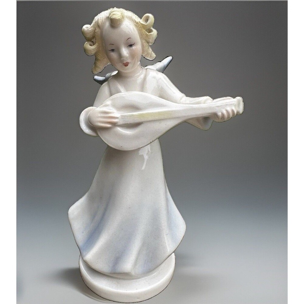 Vintage Trevir Italian Ceramic Angel Figurine 6.5" Lute Musician Putti 360 Italy